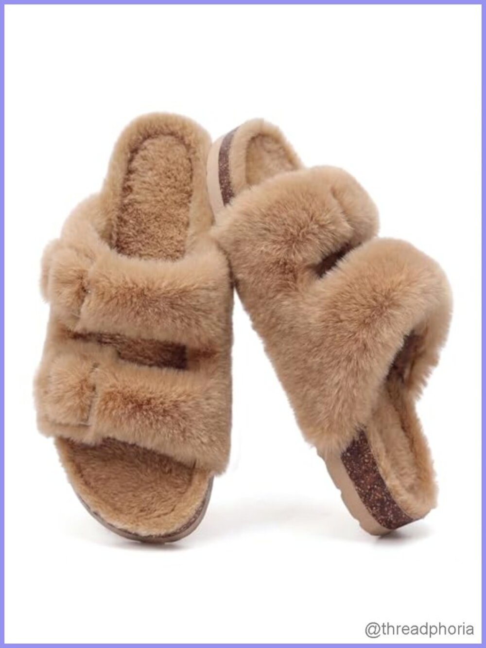 Fuzzy Faux Fur Slippers Cork Footbed Fluffy Slides Adjustable Buckle